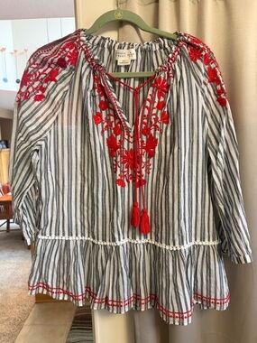 kate spade Striped Peasant Tunic with Red Floral Embroidery